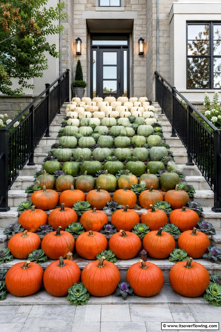 Pumpkin Staircase Runner - 50 Modern Fall Porch Decor Ideas Roundup- Warm Welcomes
