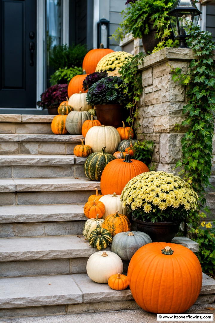 Pumpkin Steps Cascading Display - 50 Fall Pumpkin Decor Ideas for Cozy Autumn Homes Today