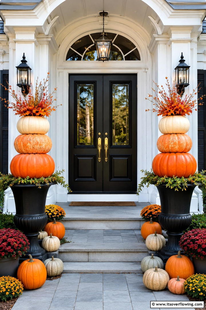 Pumpkin Topiary Front Door Flankers - 50 Fall Pumpkin Decor Ideas for Cozy Autumn Homes Today