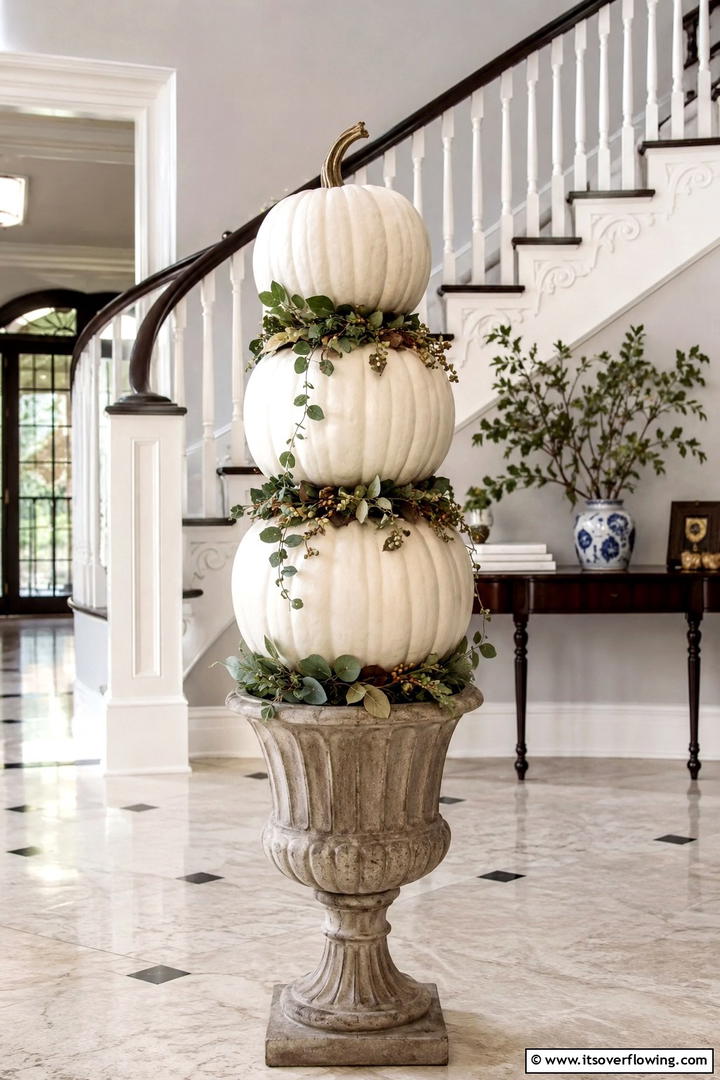 Pumpkin Topiary Stacked Display - 50 Fall Pumpkin Decor Ideas for Cozy Autumn Homes Today