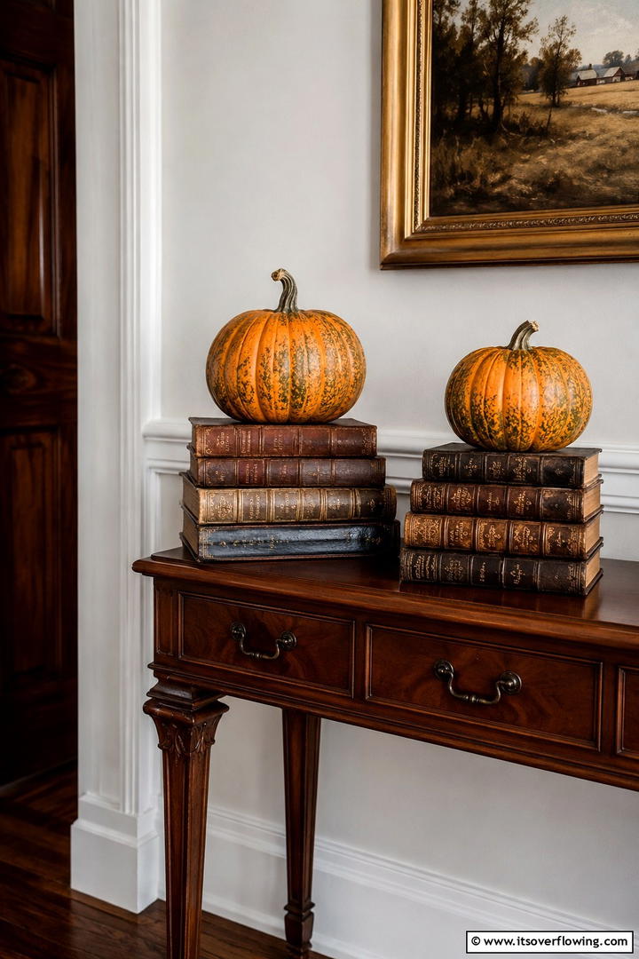 Pumpkin and Antique Book Stack - 50 Fall Pumpkin Decor Ideas for Cozy Autumn Homes Today