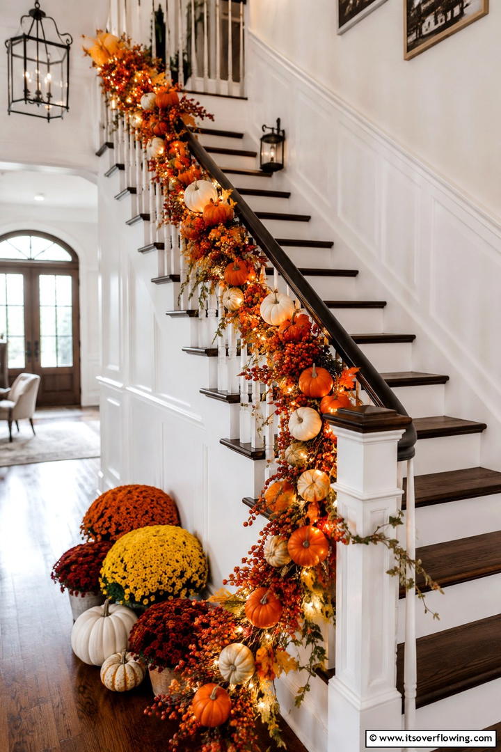Pumpkin and Berry Garland Staircase - 50 Fall Pumpkin Decor Ideas for Cozy Autumn Homes Today