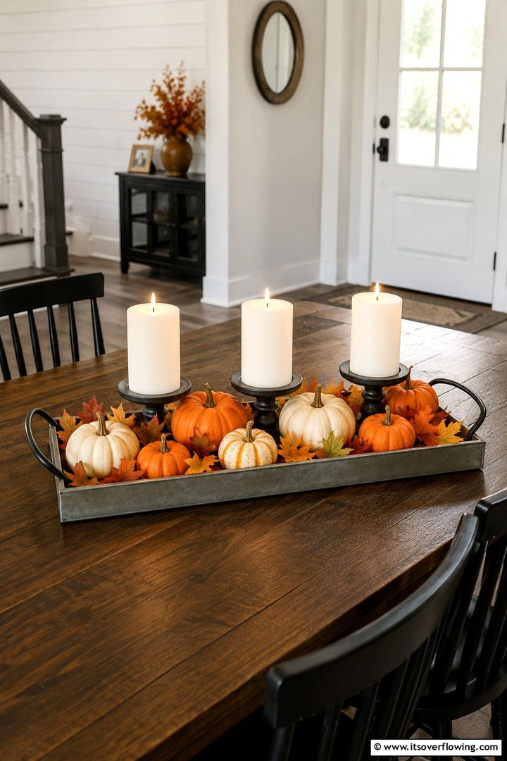 Pumpkin and Candle Tray Display - 50 Fall Pumpkin Decor Ideas for Cozy Autumn Homes Today