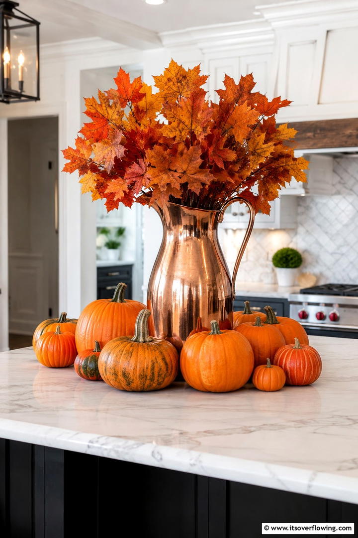 Pumpkin and Copper Pitcher Arrangement - 50 Fall Pumpkin Decor Ideas for Cozy Autumn Homes Today