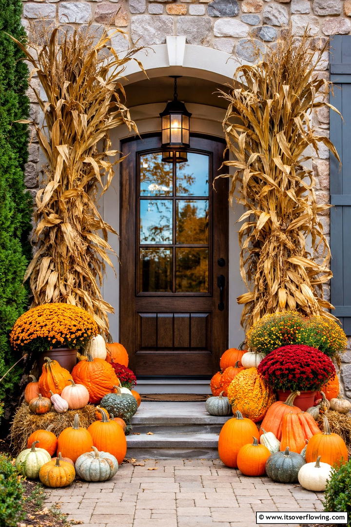Pumpkin and Corn Stalk Doorway Display - 50 Fall Pumpkin Decor Ideas for Cozy Autumn Homes Today
