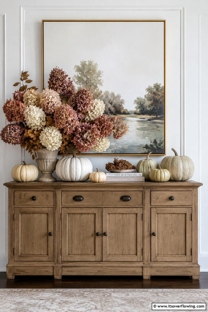 Pumpkin and Dried Hydrangea Arrangement - 50 Fall Pumpkin Decor Ideas for Cozy Autumn Homes Today