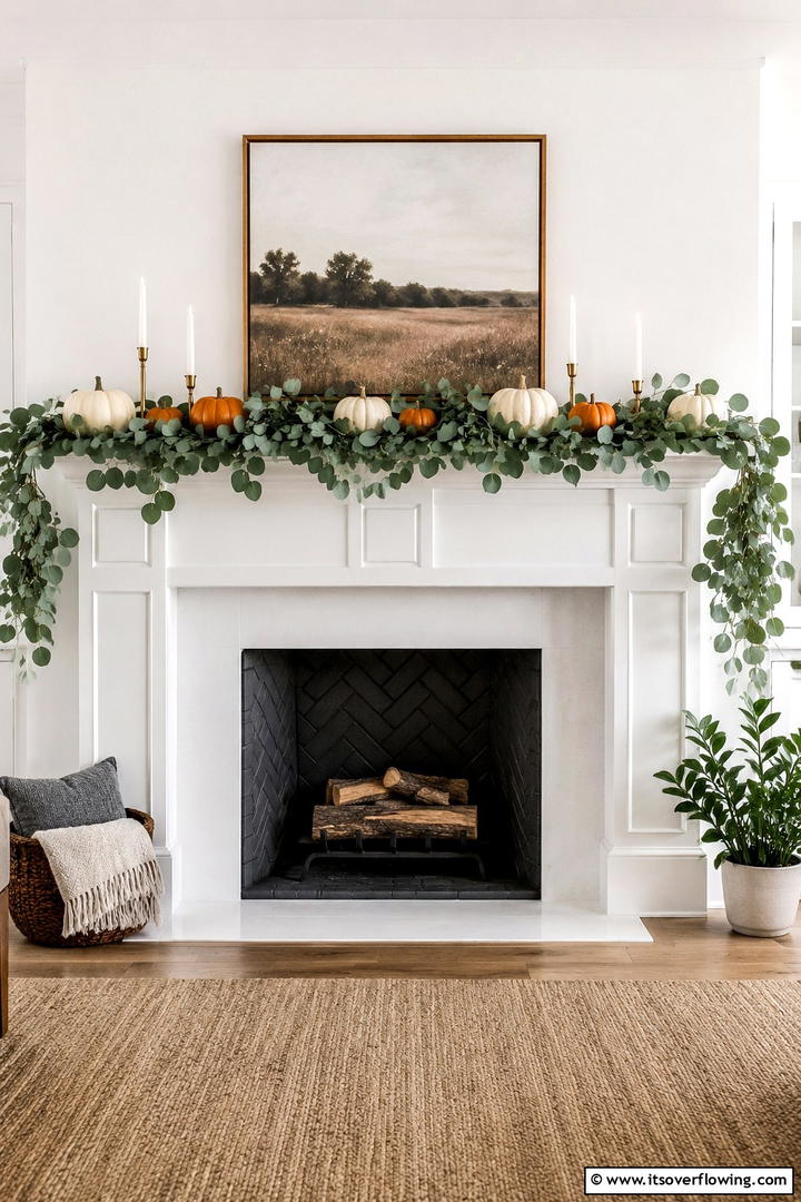 Pumpkin and Eucalyptus Garland Mantel - 50 Fall Pumpkin Decor Ideas for Cozy Autumn Homes Today