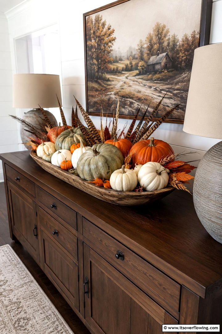 Pumpkin and Feather Arrangement - 50 Fall Pumpkin Decor Ideas for Cozy Autumn Homes Today
