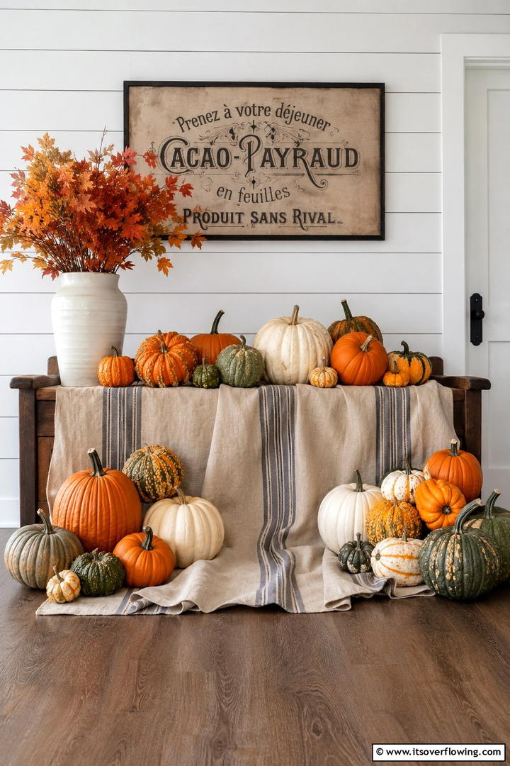 Pumpkin and Grain Sack Display - 50 Fall Pumpkin Decor Ideas for Cozy Autumn Homes Today