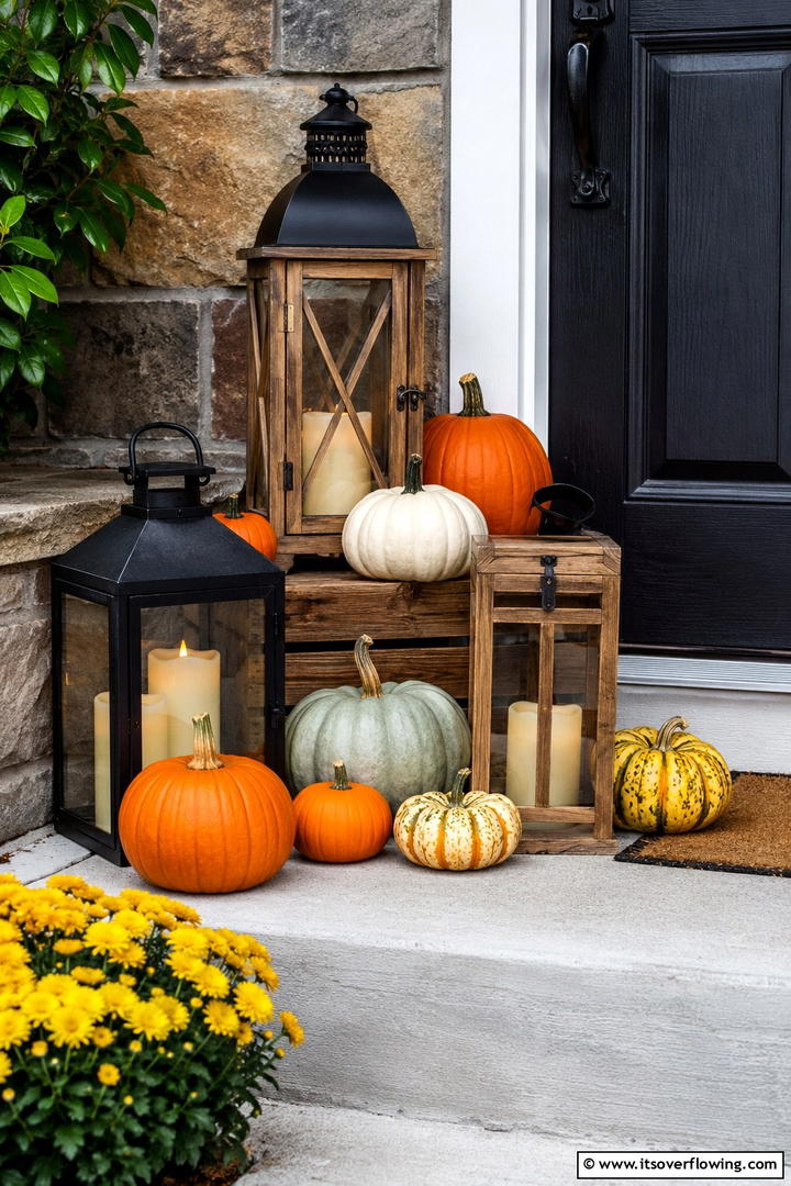 Pumpkin and Lantern Porch Corner - 50 Fall Pumpkin Decor Ideas for Cozy Autumn Homes Today