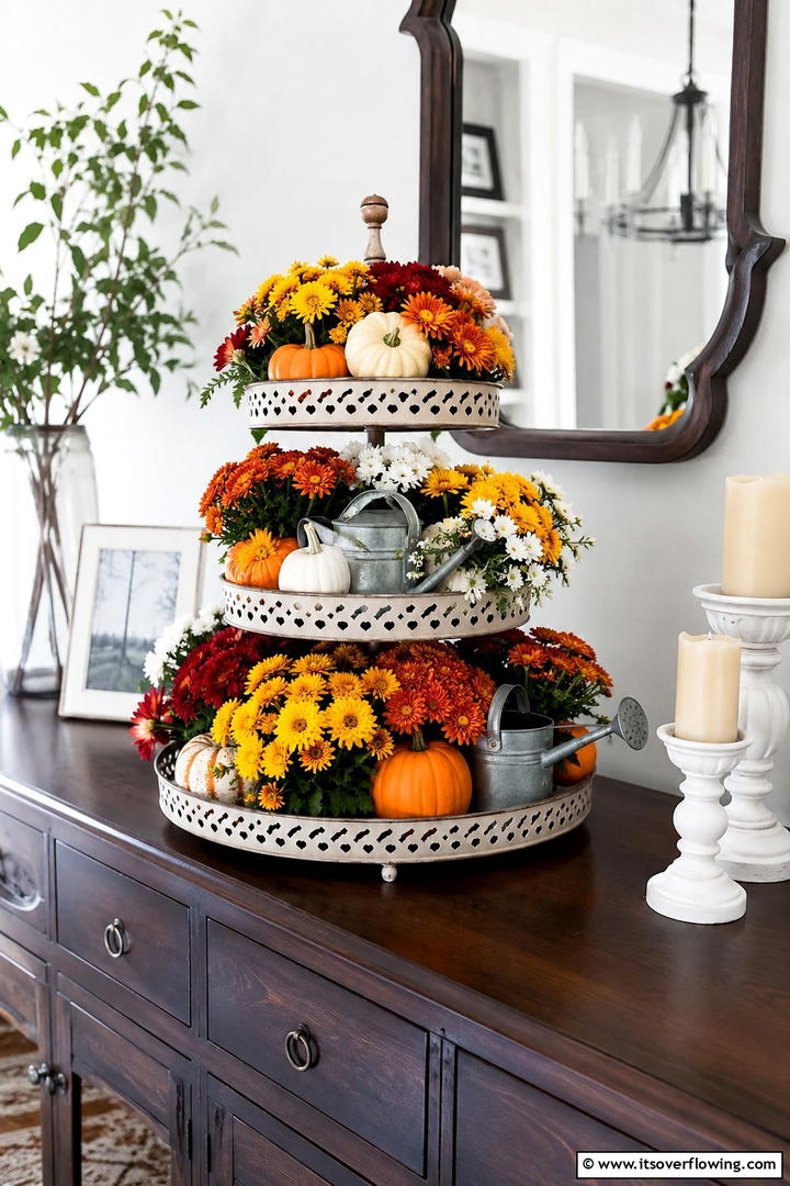 Pumpkin and Mum Florals - 50 Fall Tiered Tray Decor Ideas for Festive Shelves