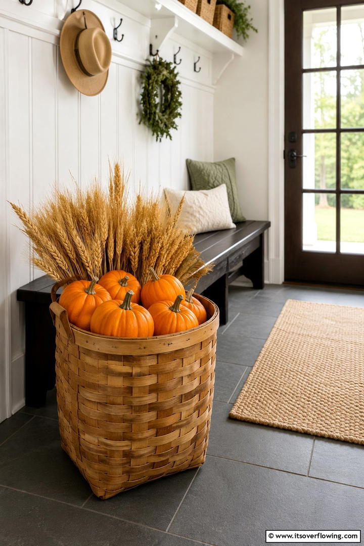 Pumpkin and Wheat Bundle Basket - 50 Fall Pumpkin Decor Ideas for Cozy Autumn Homes Today