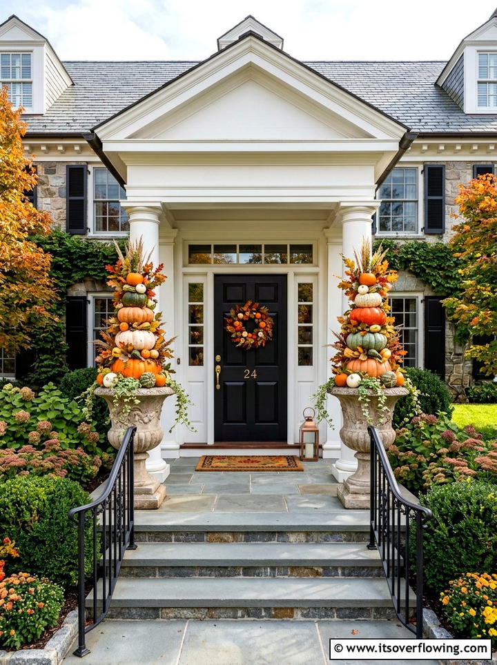Pumpkin porch topiary - 25 front porch ideas with pumpkins
