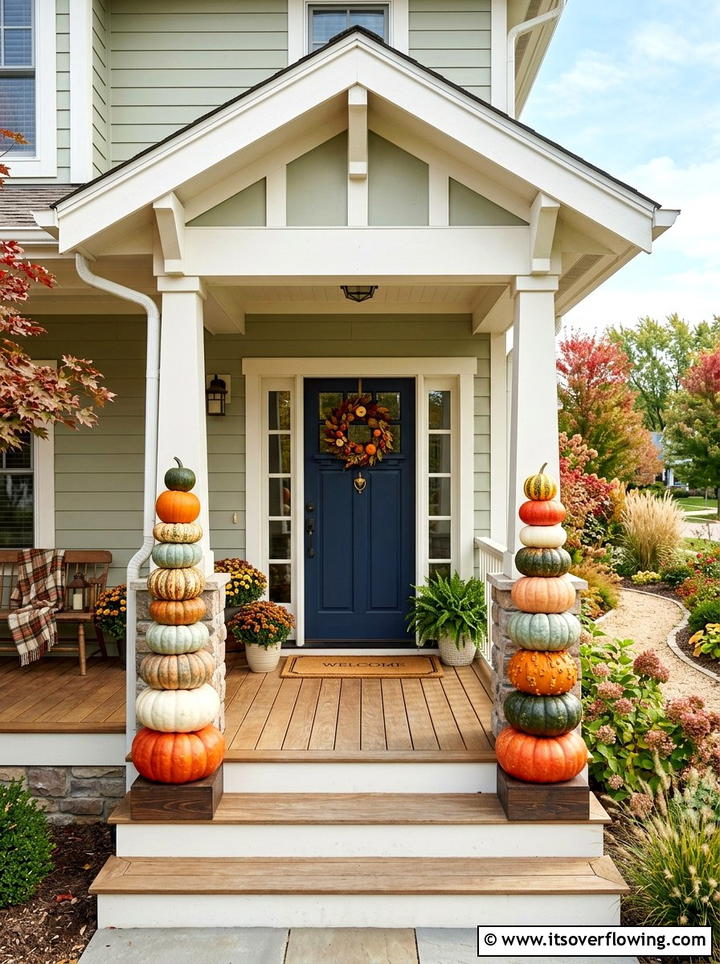 Pumpkin stack pillars - 25 front porch decor ideas for thanksgiving