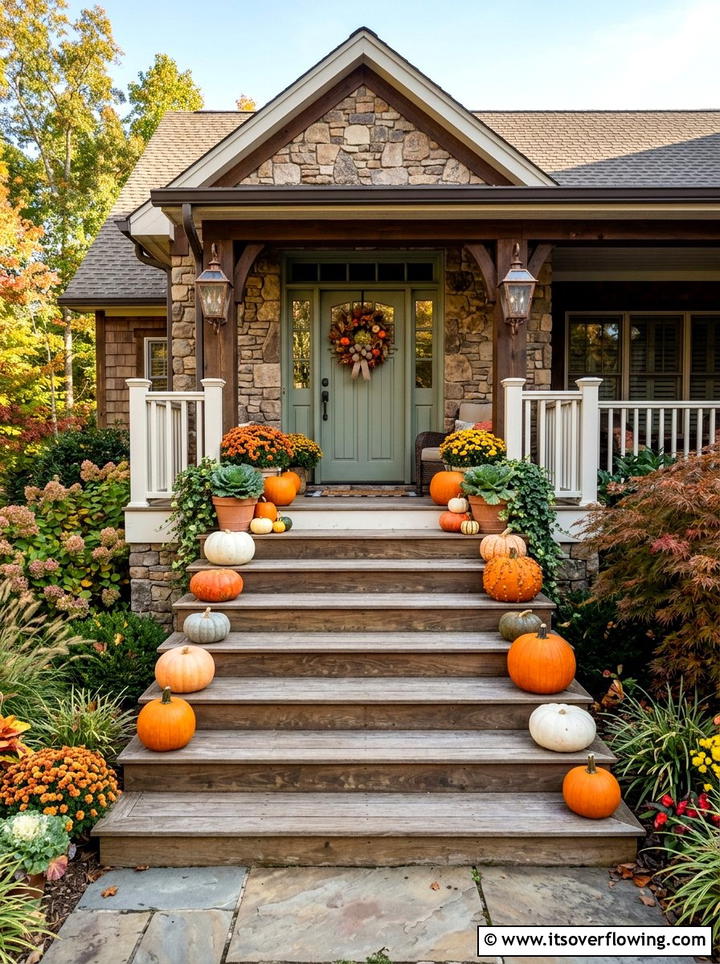 Pumpkin steps decor - 25 front porch ideas with pumpkins