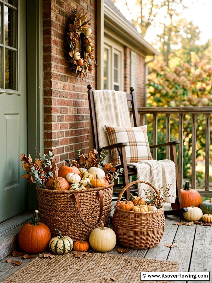 Pumpkins and wicker baskets - 25 front porch decor ideas with real pumpkins