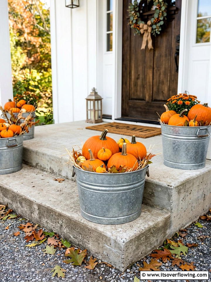 Pumpkins in galvanized buckets - 25 front porch decor ideas with real pumpkins