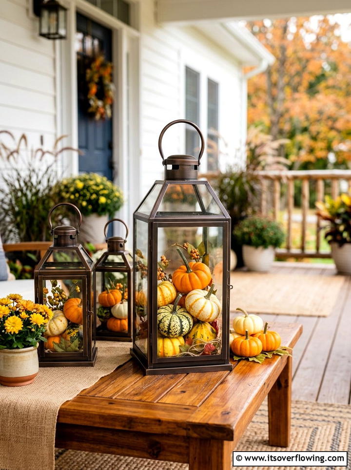 Pumpkins in lanterns - 25 front porch decor ideas with real pumpkins
