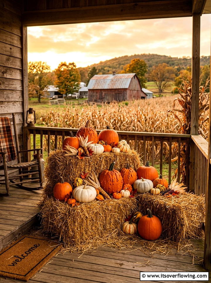 Pumpkins on hay bales - 25 front porch decor ideas with real pumpkins