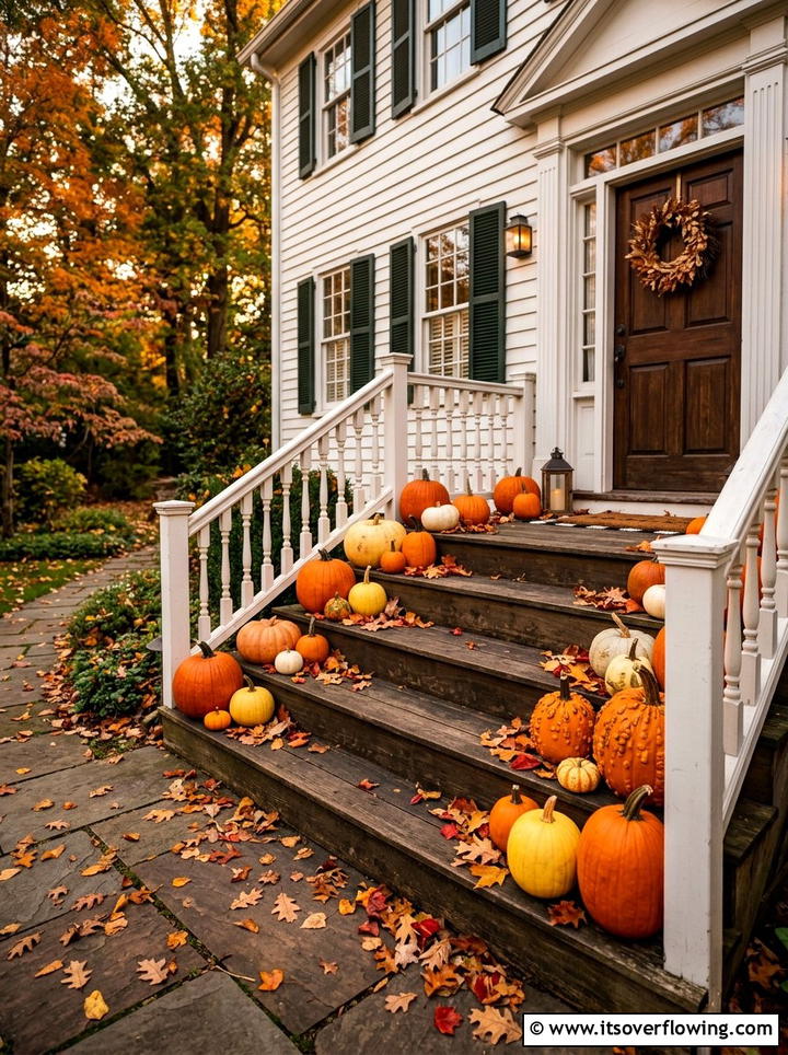 Pumpkins on porch stairs - 25 front porch decor ideas with real pumpkins