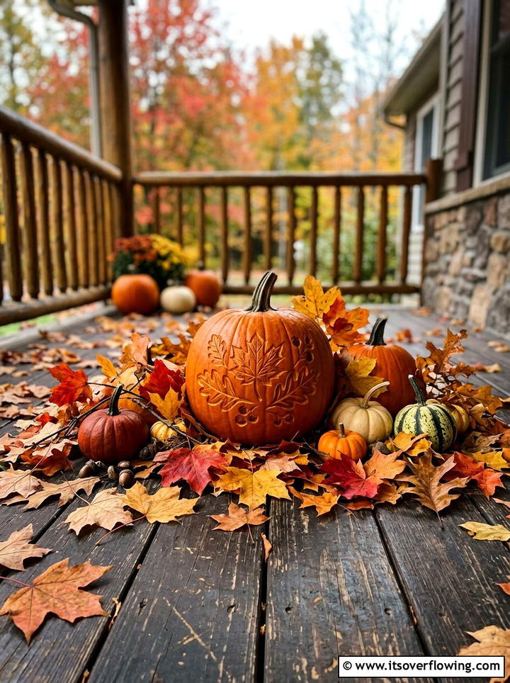 Pumpkins with autumn leaves - 25 front porch decor ideas with real pumpkins