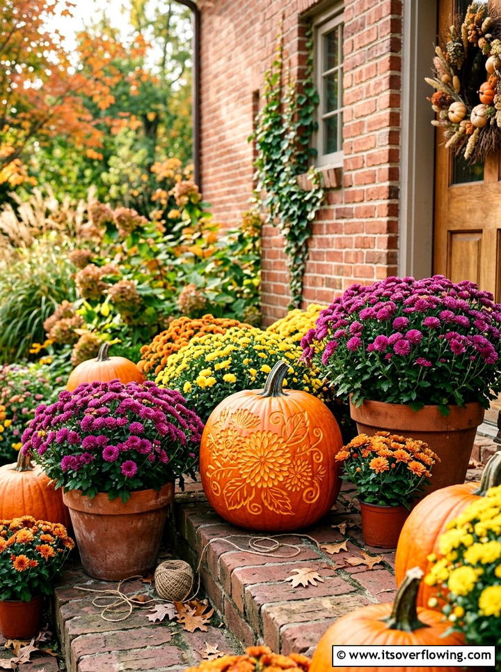 Pumpkins with garden mums - 25 front porch decor ideas with real pumpkins