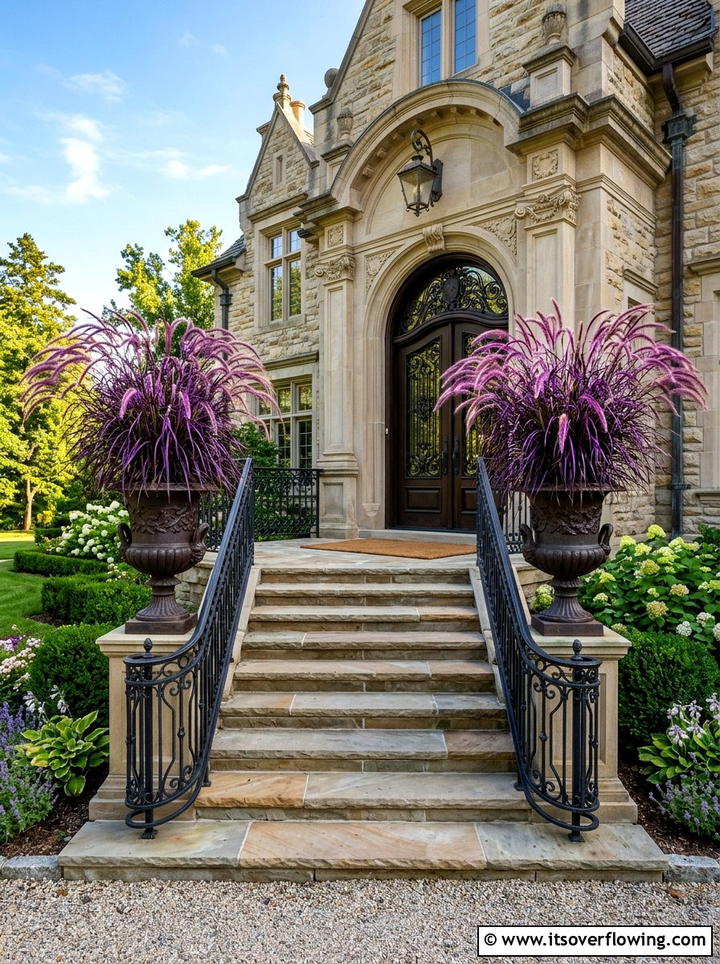 Purple Fountain Grass In Large Urns - 25 front porch ideas with low maintenance plants