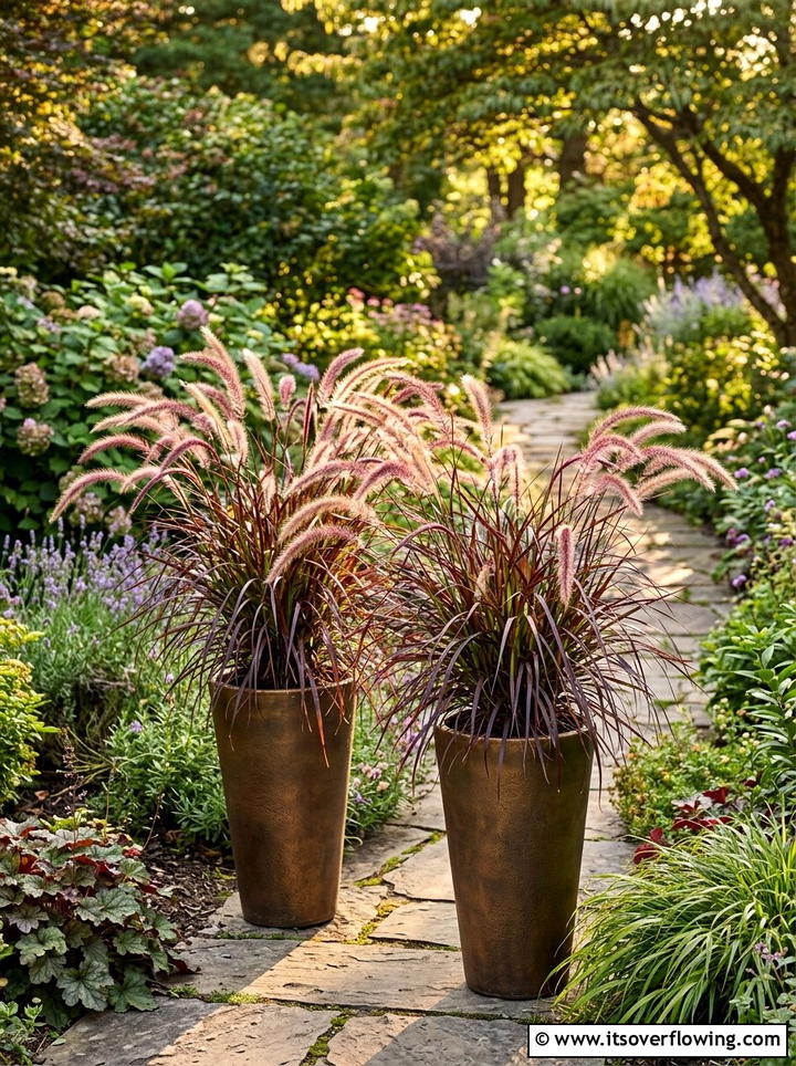 Purple Fountain Grass In Tall Resin Pots - 25 front porch ideas with drought tolerant plants
