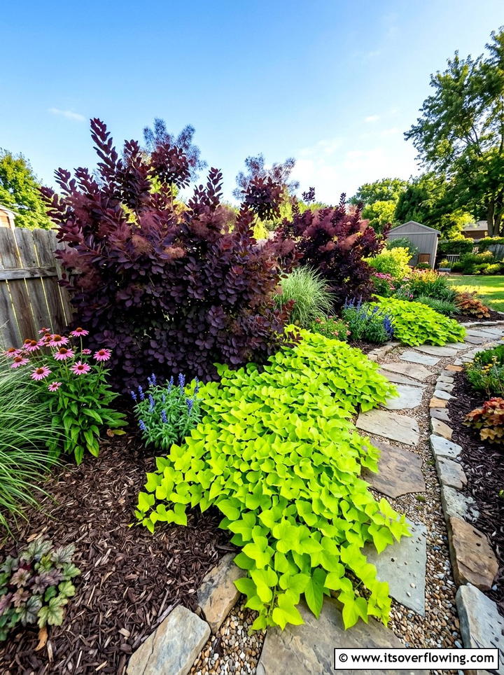 Purple Leaf Shrubs With Lime Greenery - 25 garden design ideas with bold contrast