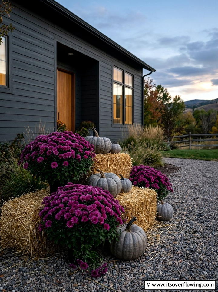 Purple Mums With Hay Bales - 25 front porch decor ideas with mums and hay bales