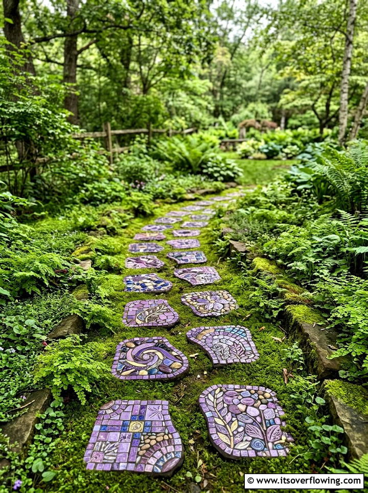 Purple mosaic stepping stone - 25 garden decor ideas with colorful accents