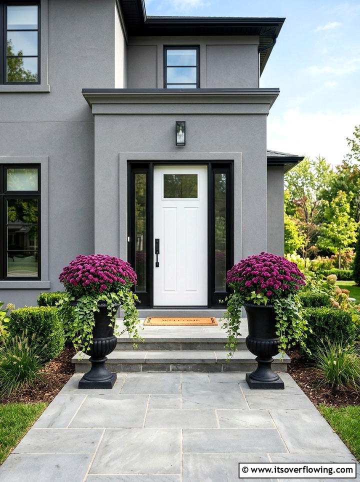 Purple mums in black urns - 25 front porch ideas with mums