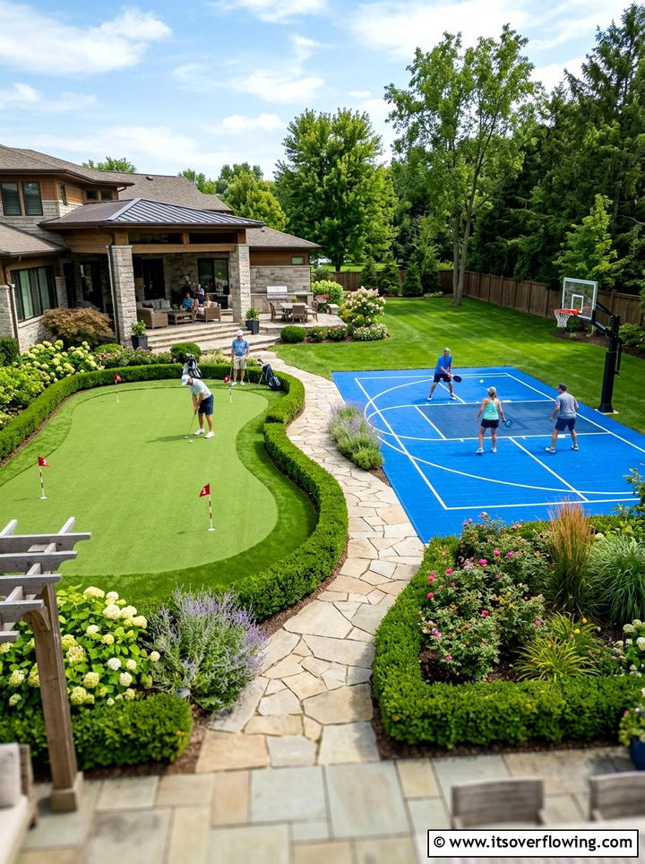 Putting green with court - 25 backyard ideas with sports court