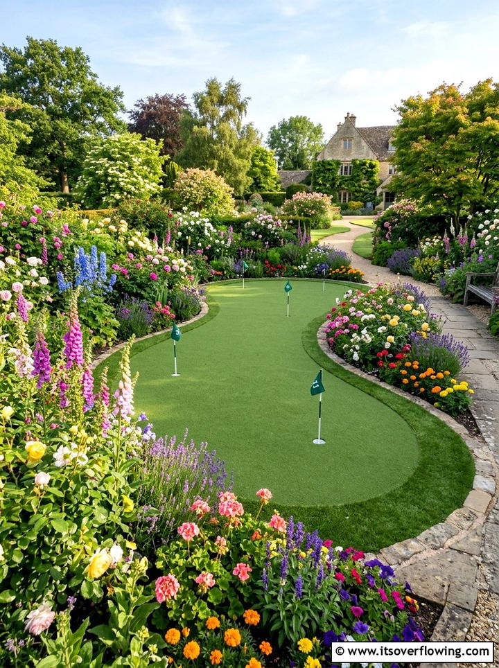 Putting green with flower beds - 25 backyard ideas with putting green