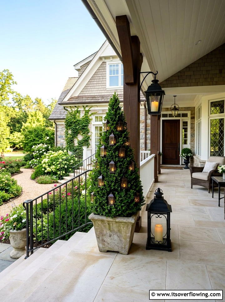 Pyramid topiary with lanterns - 25 front porch ideas with topiaries