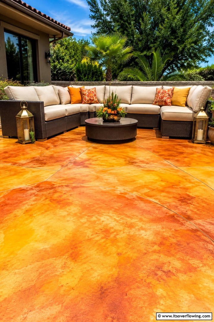 Radiant Sun Kissed Highlights - 30 Painted Concrete Patio Ideas for Colorful Outdoor Floors