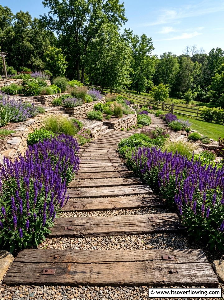 Railroad Tie Path - 25 cheap garden ideas with pathways