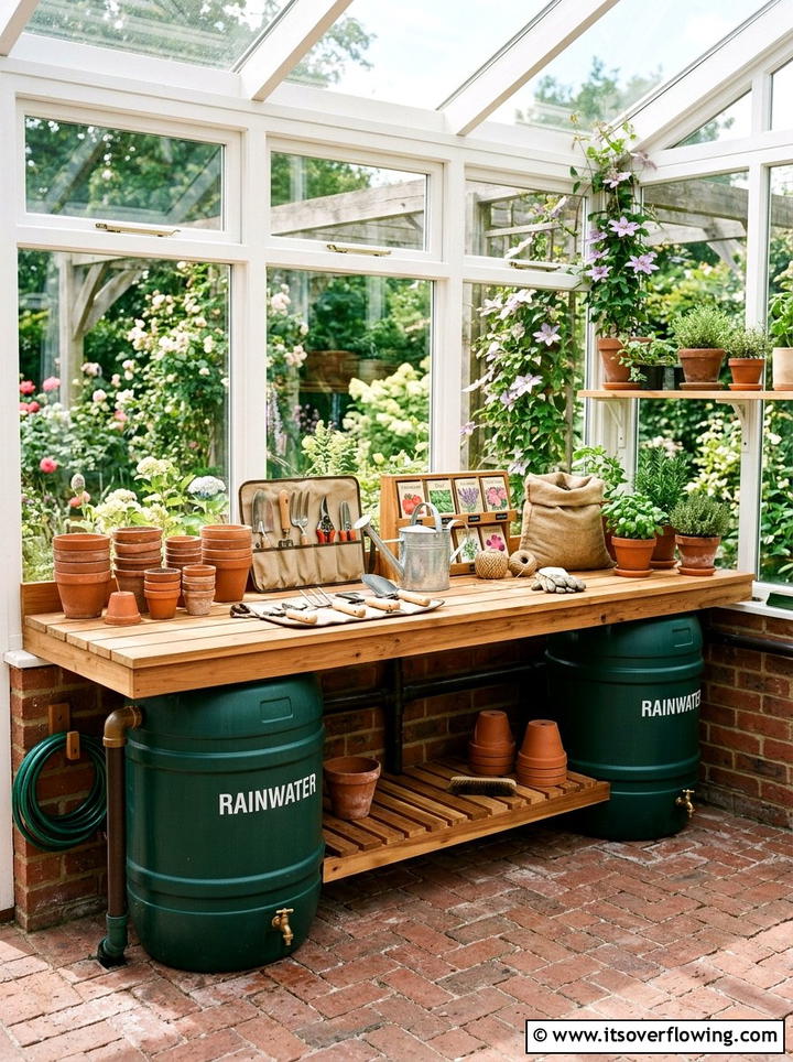 Rain Barrel Potting Station - 25 upcycled garden ideas with rain barrels