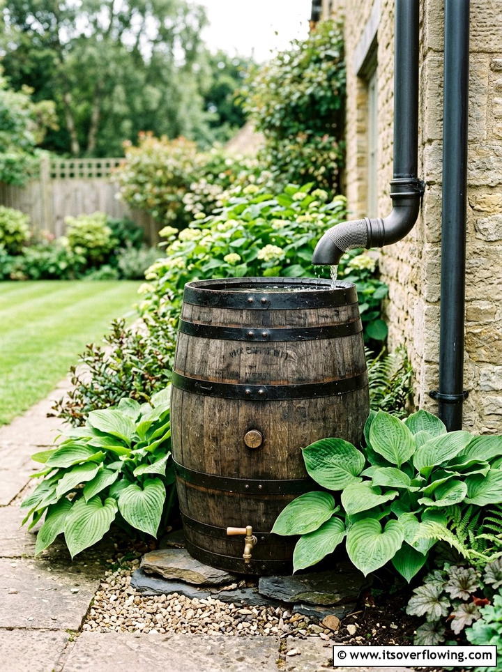 Rain Barrel Water Feature - 25 garden ideas for farmhouse homes