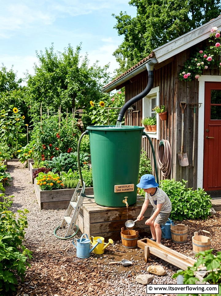 Rain Barrel Water Play Station - 25 recycled garden ideas for kids