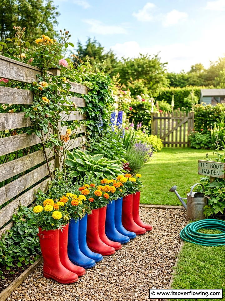 Rain Boot Flower Pot - 25 upcycled garden ideas for renters
