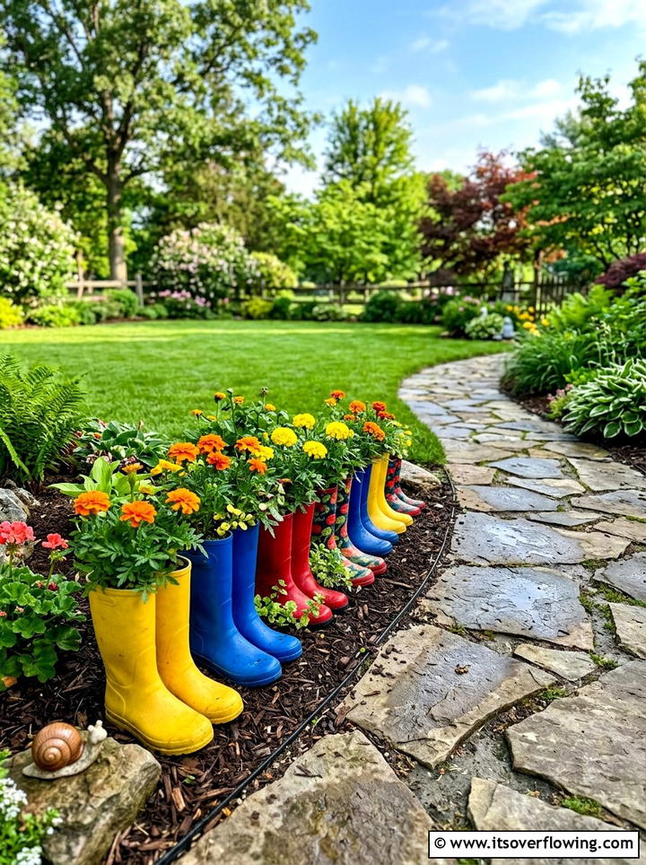 Rain Boot Garden Bed - 25 upcycled garden ideas for backyards