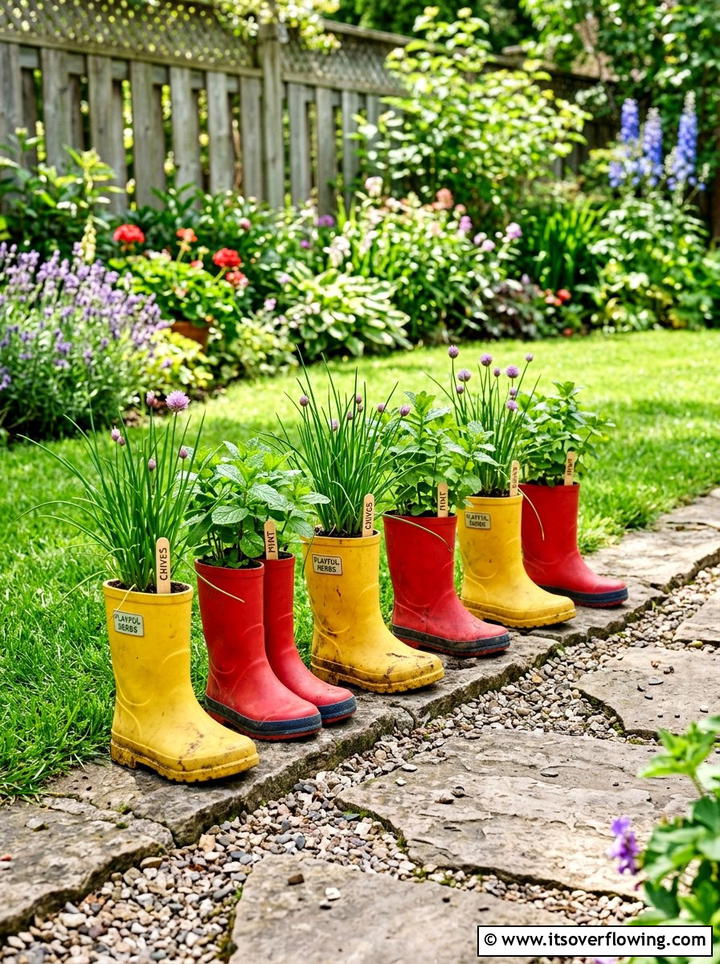 Rain Boot Herb Garden - 25 upcycled garden ideas with herb planters