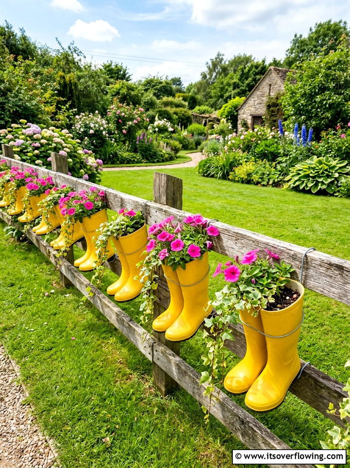 Rain Boot Planter - 25 reusing old things ideas for fence decor