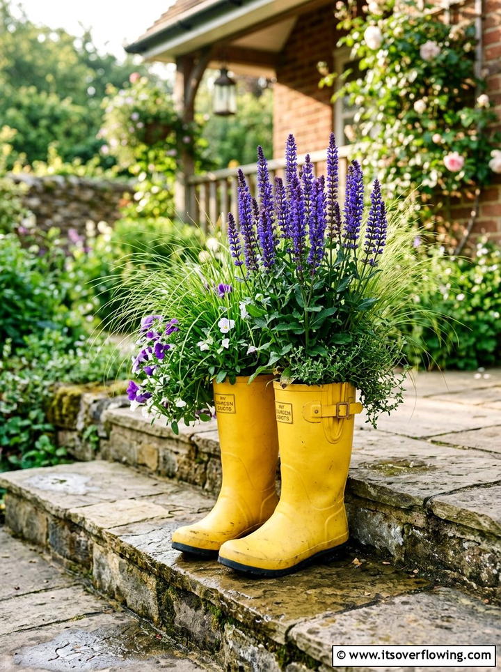 Rain Boot Porch Planter - 25 recycled garden ideas for patio decor