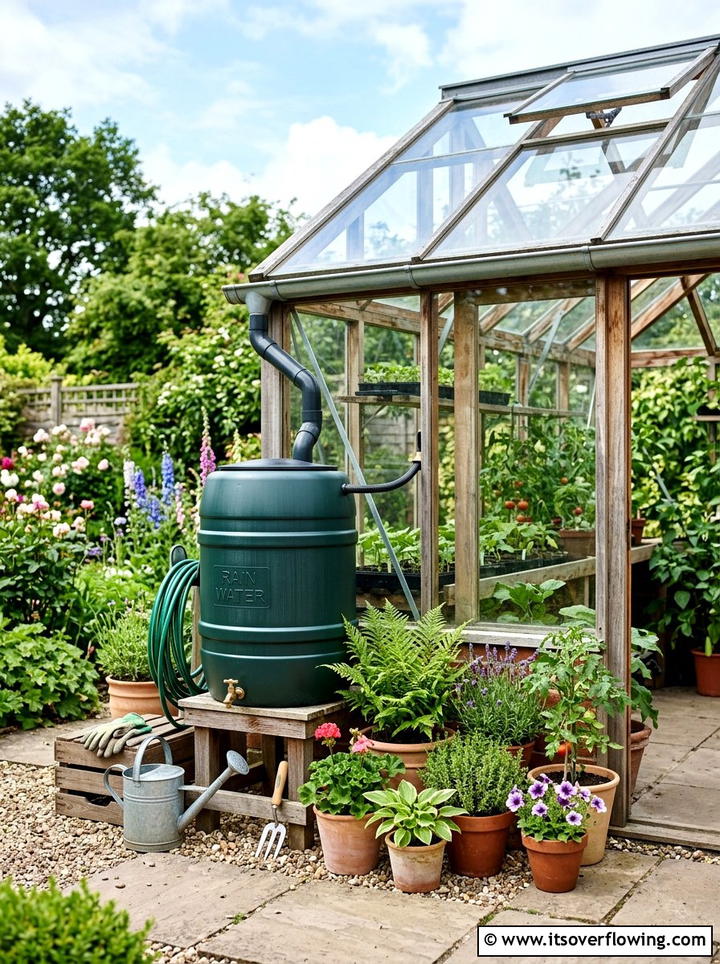 Rain barrel attached to greenhouse - 25 creative garden ideas with rain barrel displays