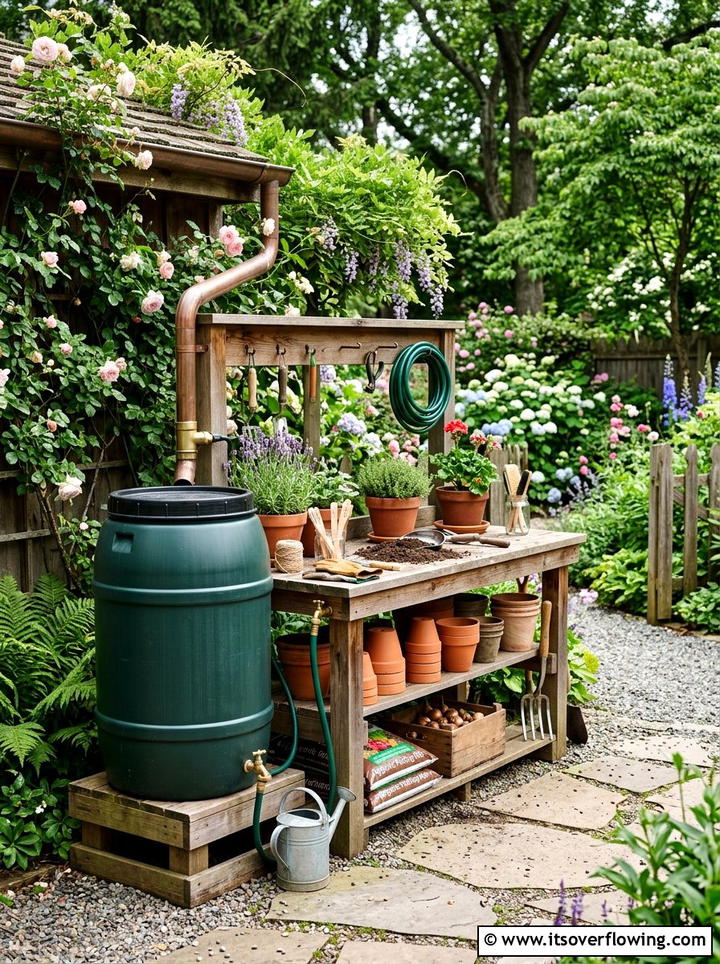 Rain barrel for potting bench - 25 cheap garden ideas with rain barrels