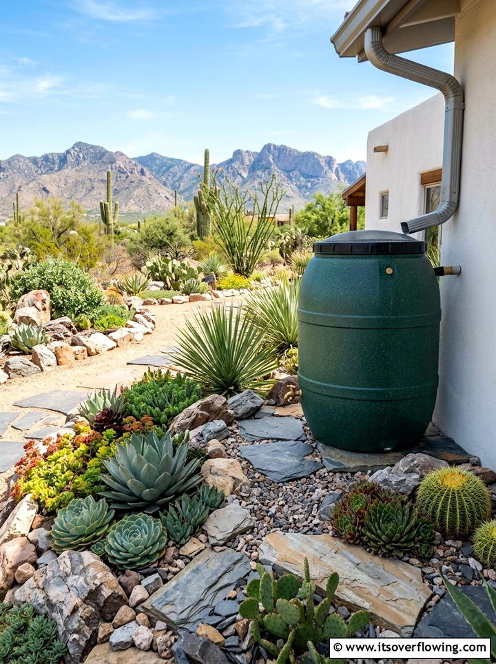 Rain barrel in rock garden - 25 cheap garden ideas with rain barrels