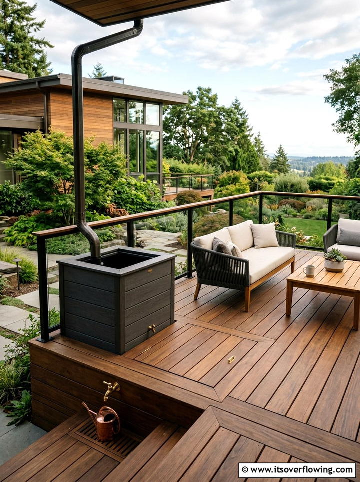 Rain barrel integrated into deck - 25 creative garden ideas with rain barrel displays