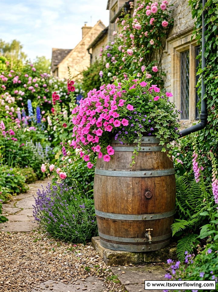 Rain barrel planter - 25 cheap garden ideas with rain barrels